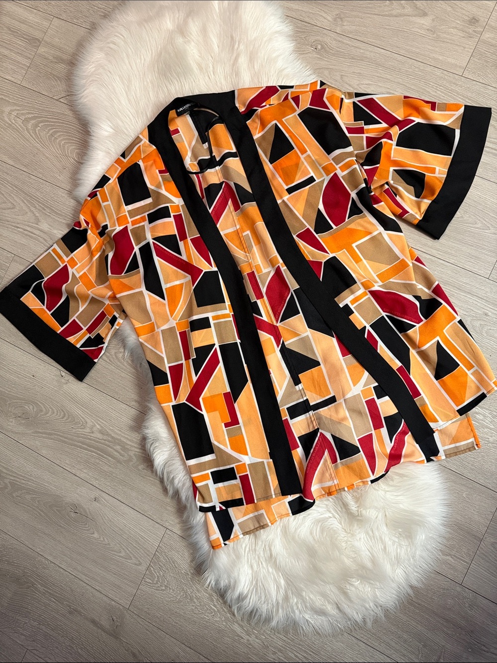 KARL LAGERFELD Geometric Print Kimono - Red, Orange & Black Size M